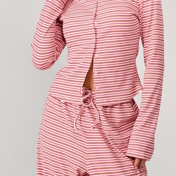 Pink Casual Women's Long Sleeve Crop Top & Wide Leg Pants Set - Picture 3 of 5